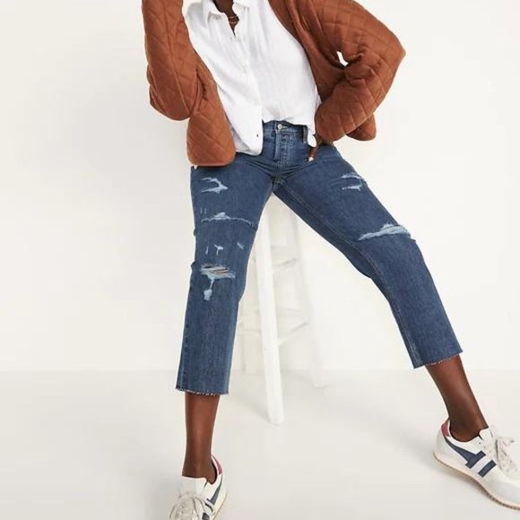 Old Navy High-Waisted Slouchy Straight Cropped Ripped Dark-Wash Jeans for Women - Picture 4 of 7
